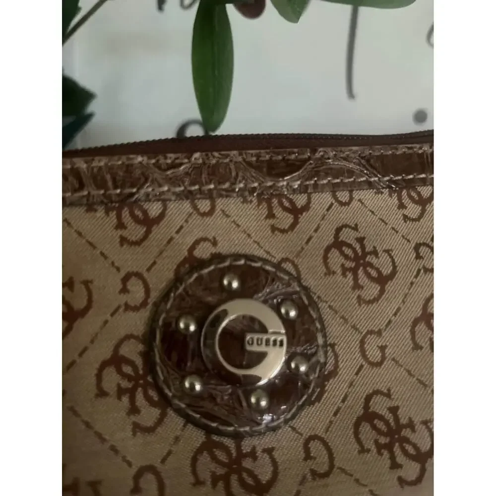 Vintage Y2K Guess Monogram Wristlet Tan Brown Logo Mini Micro Wallet Clutch
